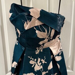 Donna Karan Teal Strapless Floral Dress with Blush Print